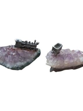 Vintage Pewter Train Miniature on Amethyst Crystal Cluster Base Steam Engine